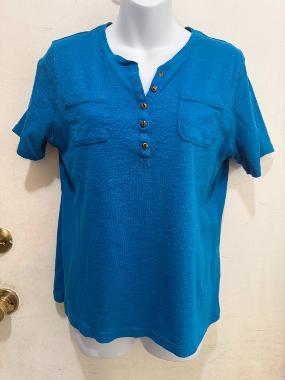 Chaps Shirt Womens 1X Turquoise Cotton Short Sleeve Casual (109)